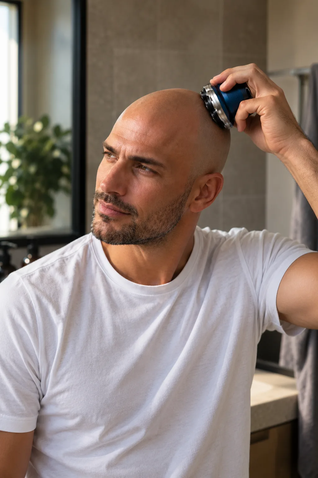 Homme au crâne rasé en T-shirt blanc passant le rasoir 7D bleu sur le haut du crâne